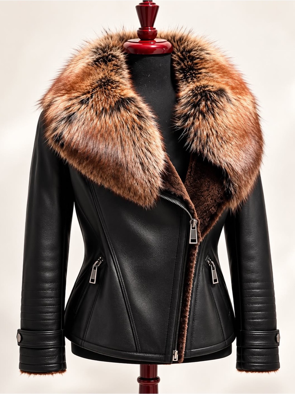 Women’s Black Faux Leather Moto Biker Jacket Faux Fur Collar Brown Shearling